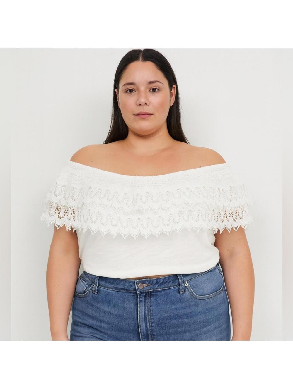 Boho Lace trimmed off the shoulder Knit Top sz xl